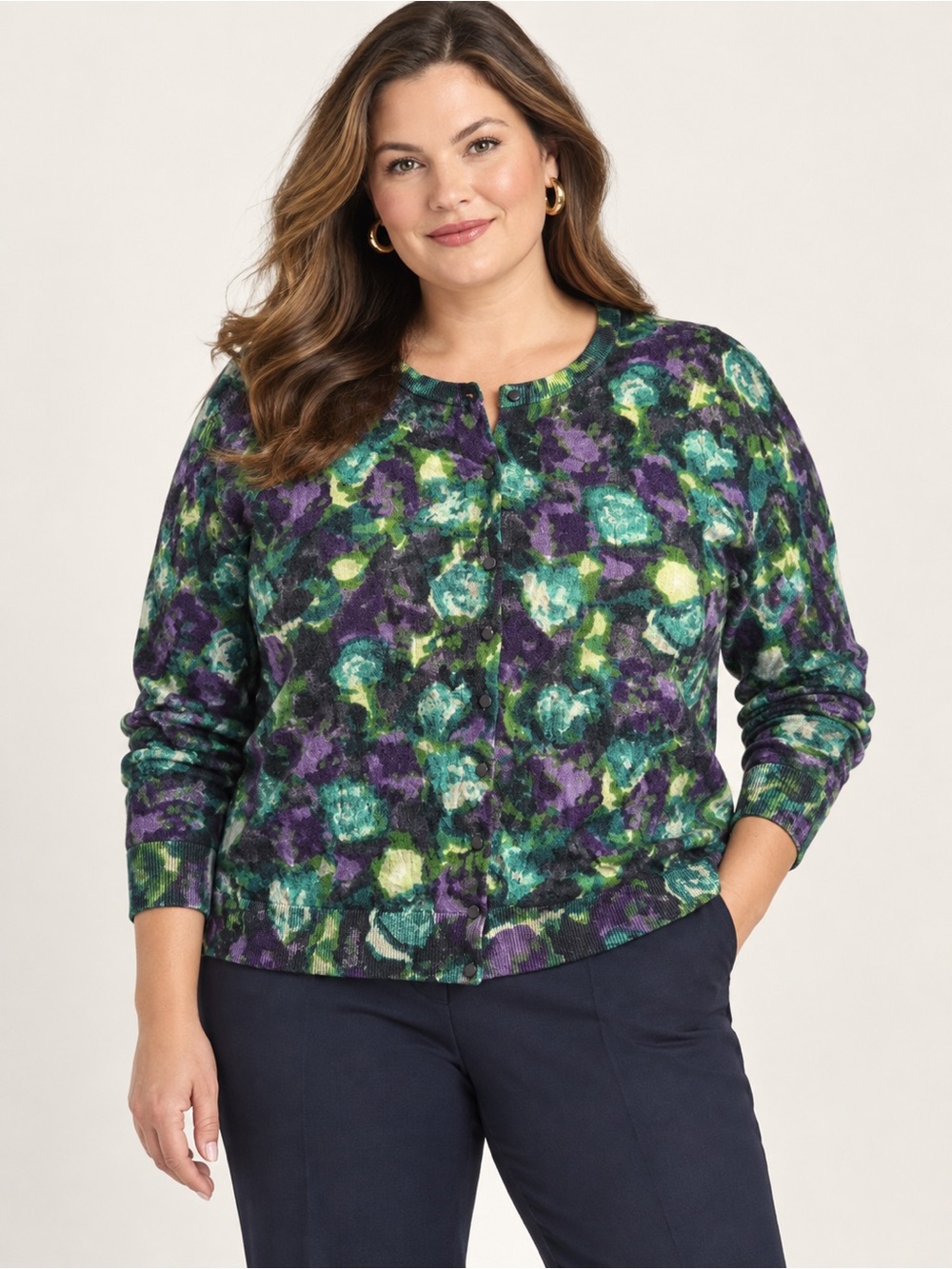 Talbots Cotton Angora 2X Floral Button Cardigan